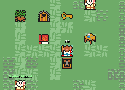 Player character rob near a chest, key, and spellbook in a village area