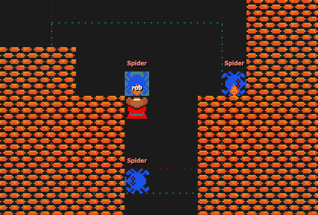 Player character rob surrounded by spiders while casting a fire spell in a dungeon corridor